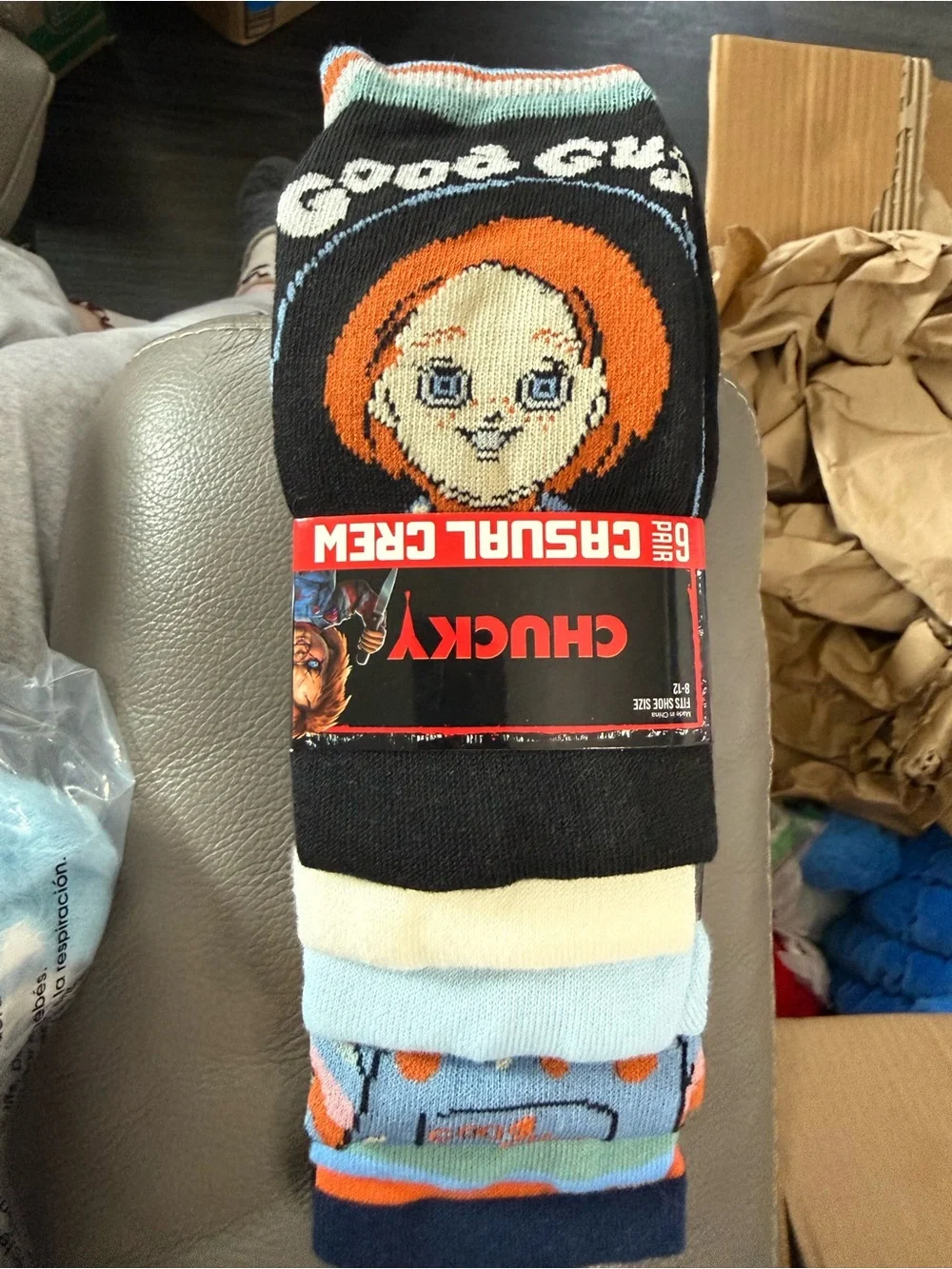 Chucky Casual Crew Men’s Socks - Black/Orange Character Design. 6 pair